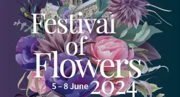 Logo for Festival of Flowers 2024 of brightly coloured flowers, with pinks blues and purple