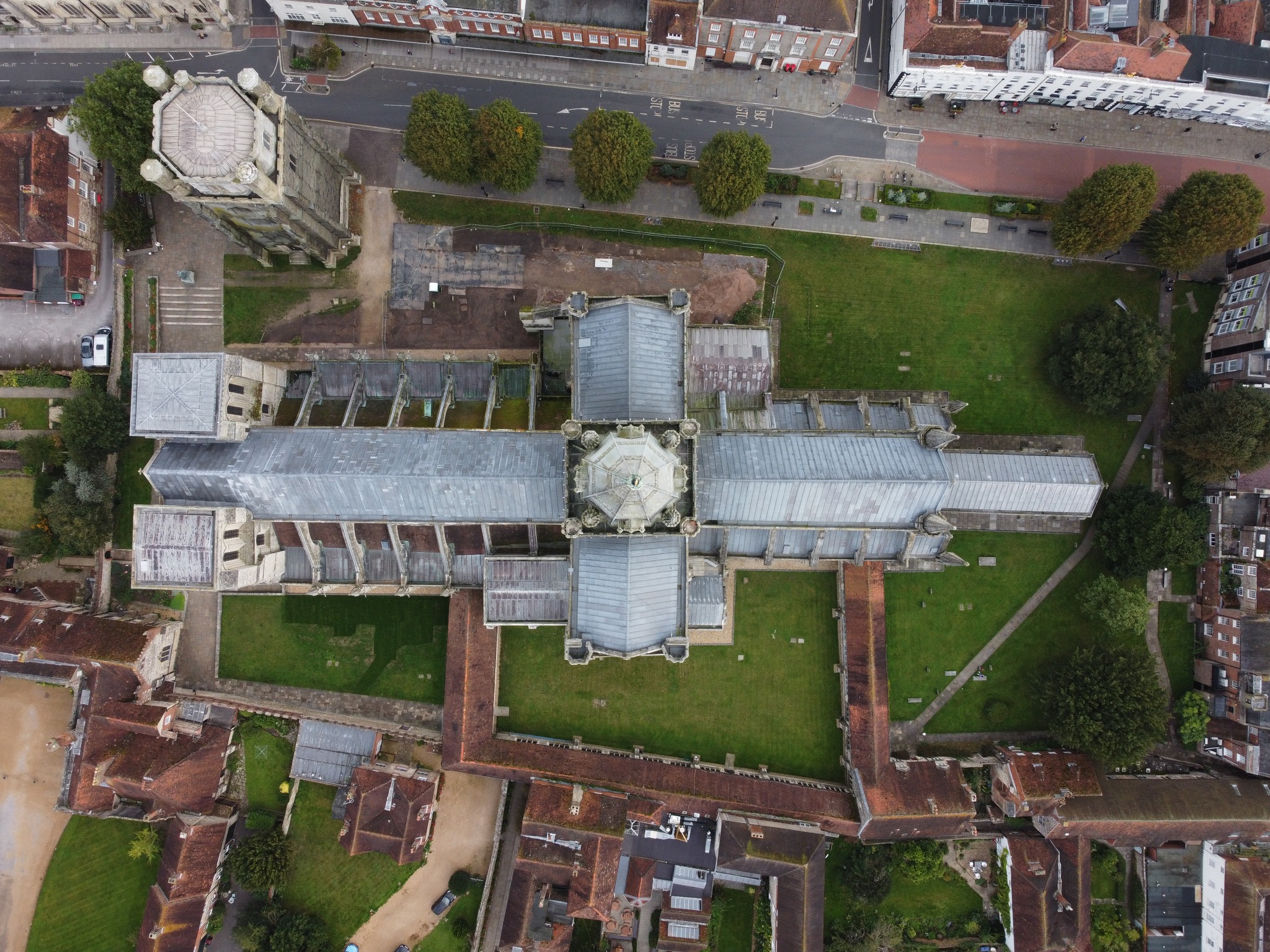 Drone birds-eye view of Chichester Cathedral with lead roofing