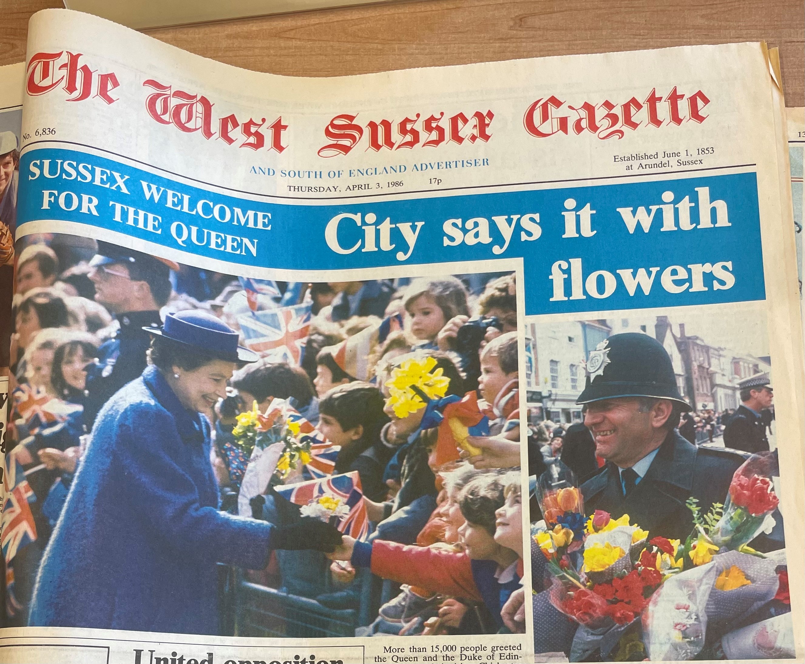 Front page of the WSG showing her majesty's visit to Chichester