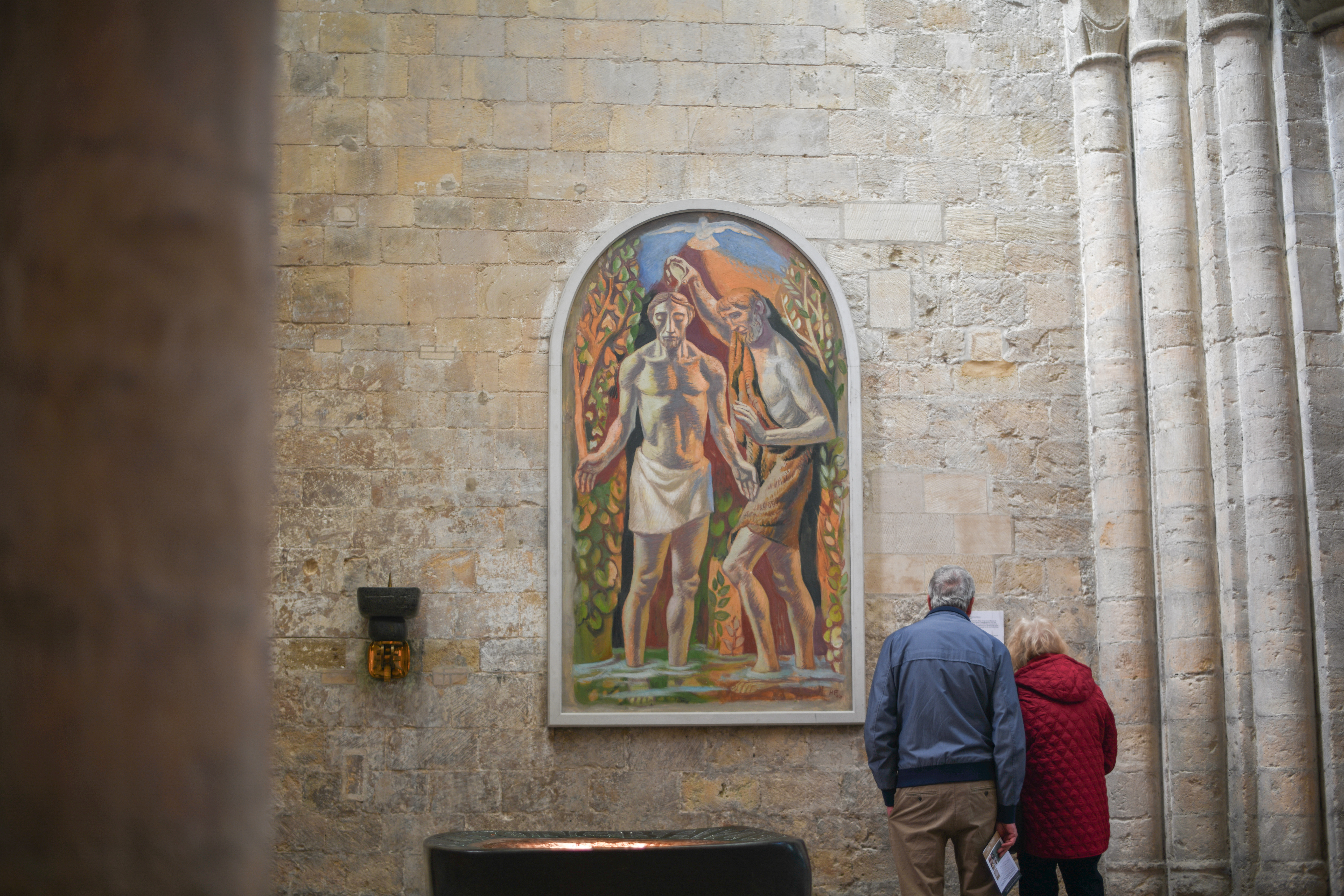 Visitors look at Baptism of Christ (Hans Feibusch, 1951)