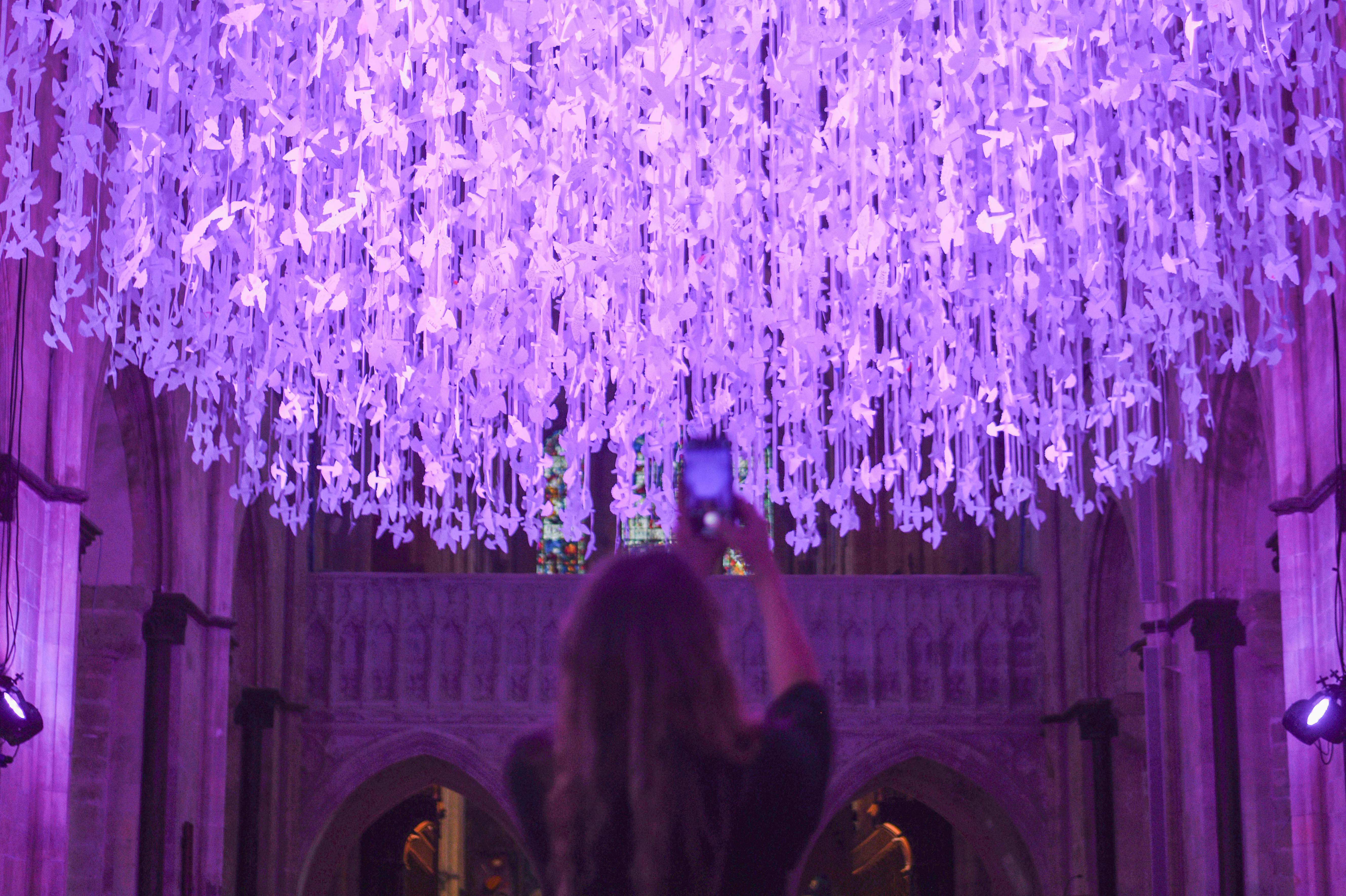 A woman taking photos of Peace Doves