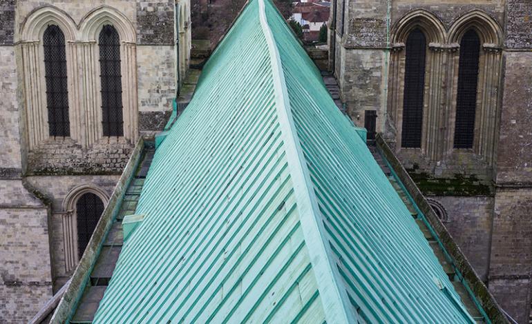 A view of the Cathedral's green copper Nave roof