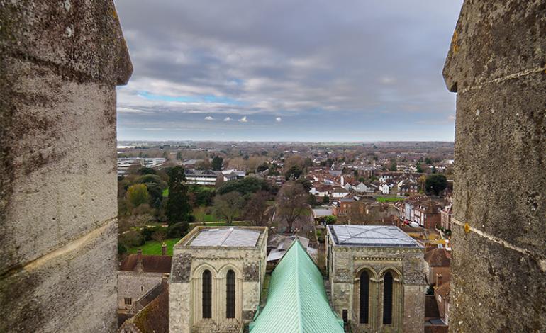 A view of the Cathedral's green copper Nave roof