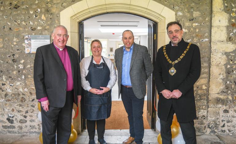 The Acting Dean of Chichester, Bishop Graeme Knowles, General Manager Lorraine Sneller, Managing Partner of Seasoned Graham Turner and the Mayor of Chichester, Cllr Julian Joy 