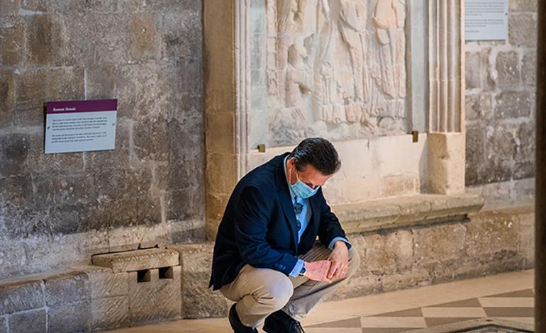 The Minister viewing the roman mosaics at Chichester Cathedral