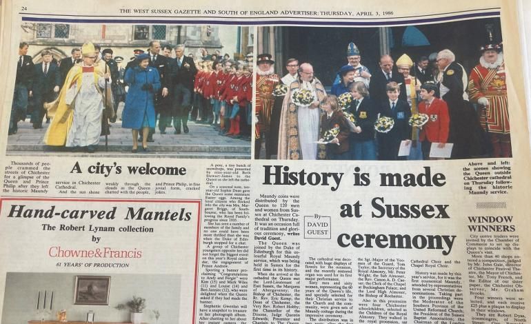 The newspaper clipping of Her Majesty's visit stating 'History is made at Sussex ceremony'.