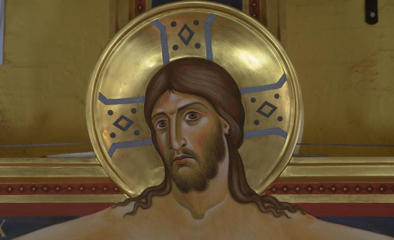 Face of Christ painted in egg tempura with burnished gold background