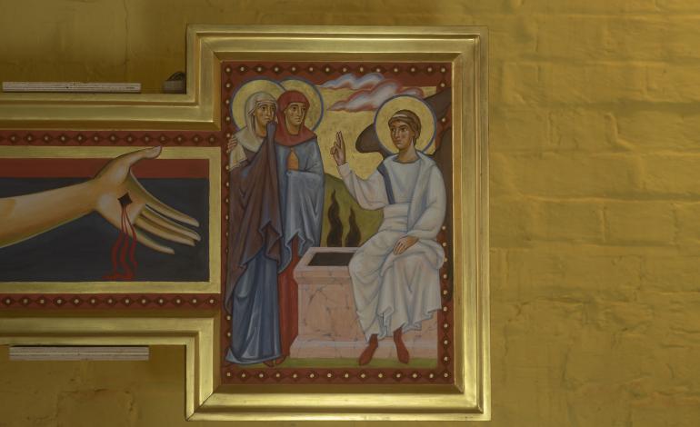 Resurrection depiction on the right side of the crucifix painted in egg tempura with burnished gold background