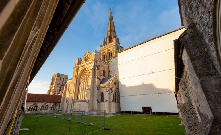 Chichester Cathedral High Roofs Phase One Cathedral and scaffolding from the Cloisters