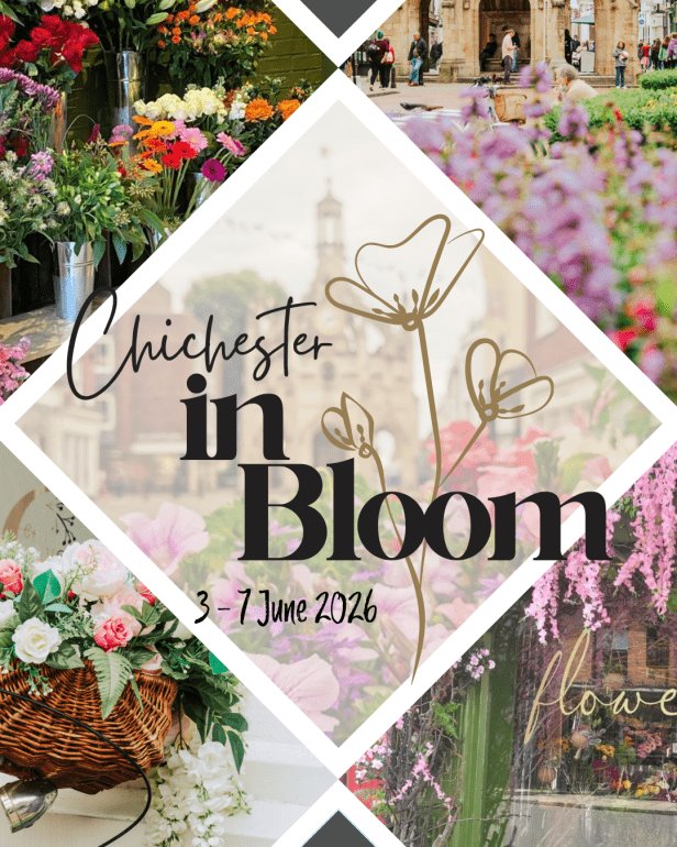 Promotional collage for “Chichester in Bloom,” featuring colourful flower displays, a market stall, and a street scene with historic buildings, overlaid with floral illustrations and the text “Chichester in Bloom, 3–7 June 2026.”