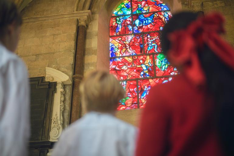 Children viewing Marc Chagall's stained glass window