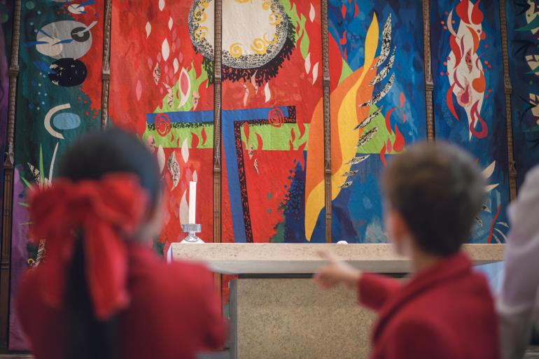 Children viewing John Piper's High Altar Tapestry