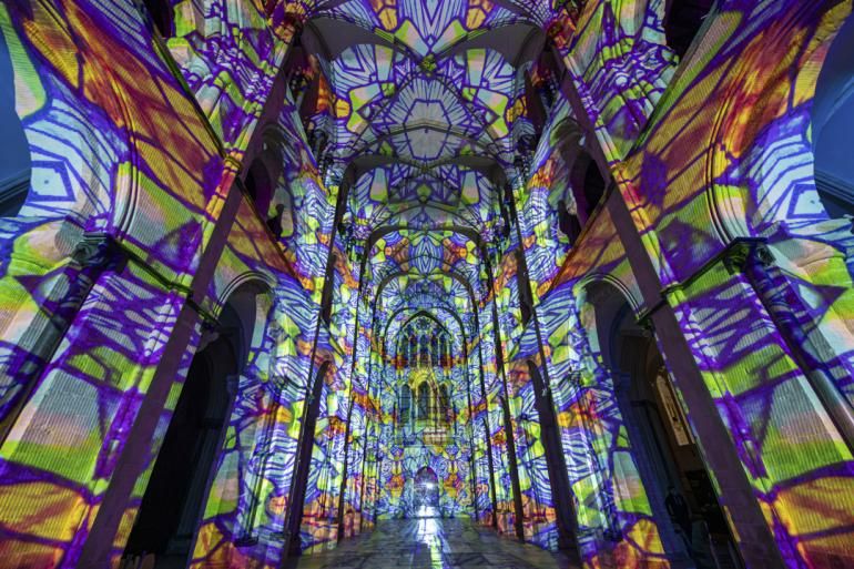 The Nave at chichester Cathedral during the Chichester Light Experience, Illuminating Art